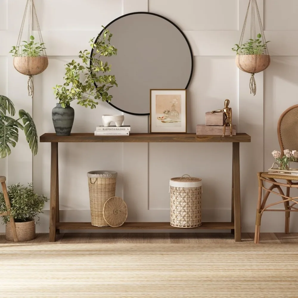 Rustic Solid Wood 2-Tier Console Table for Living Room, 63 Farmhouse Sofa Table, Natural Entryway Hallway Furniture