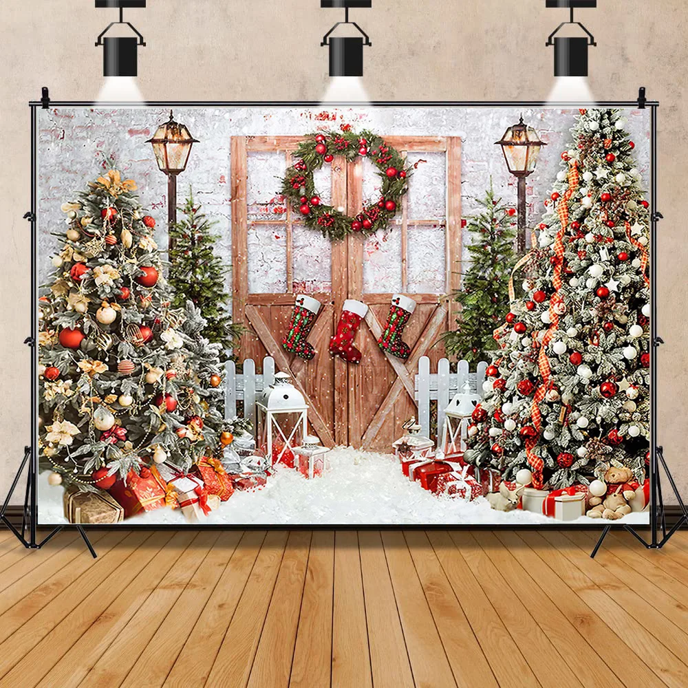 

SHUOZHIKE Christmas Tree Window Wreath Photography Backdrop Wooden Doors Snowman Cinema Pine New Year Background Prop ANT-01