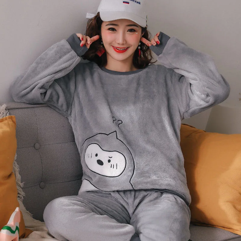 Kalınlaşmış sıcak pijama kış pazen o-boyun kız Loungewear 2 adet Set bayan pijama uzun kollu karikatür ayı Loungewear