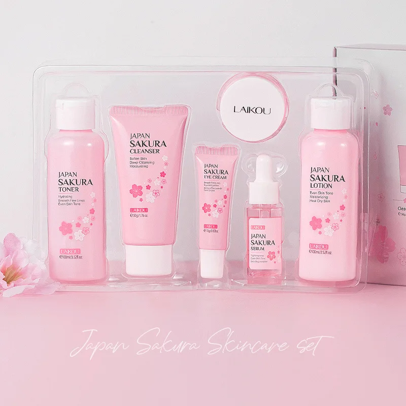 LAIKOU Sakura Skin Care Sets Facial Cleanser Hydrating Eye Creams Face Cream Serum Lotion Toner Moisturizing Face Care Kit