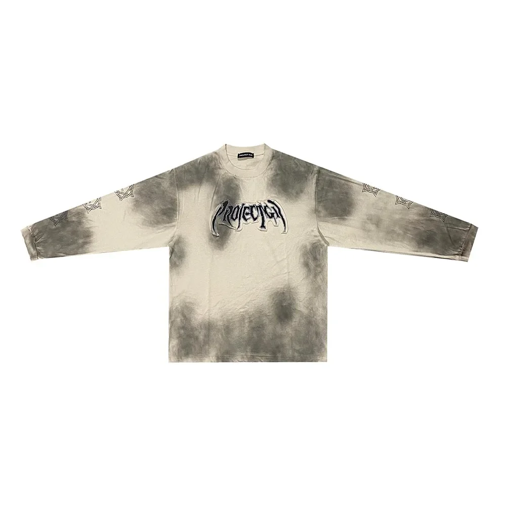 Distressed Washed Vintage Tie Dye Letter Embroidery Mens Tshirts Long Sleeve Cotton Oversized Top Tees Round Neck Casual T-shirt