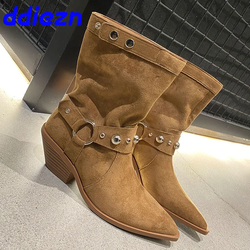 

New Fashion Metal Button Ladies Modern Booties Female Pointed Toe Footwear Flock Women Ankle Boots With Square Heels Shoes