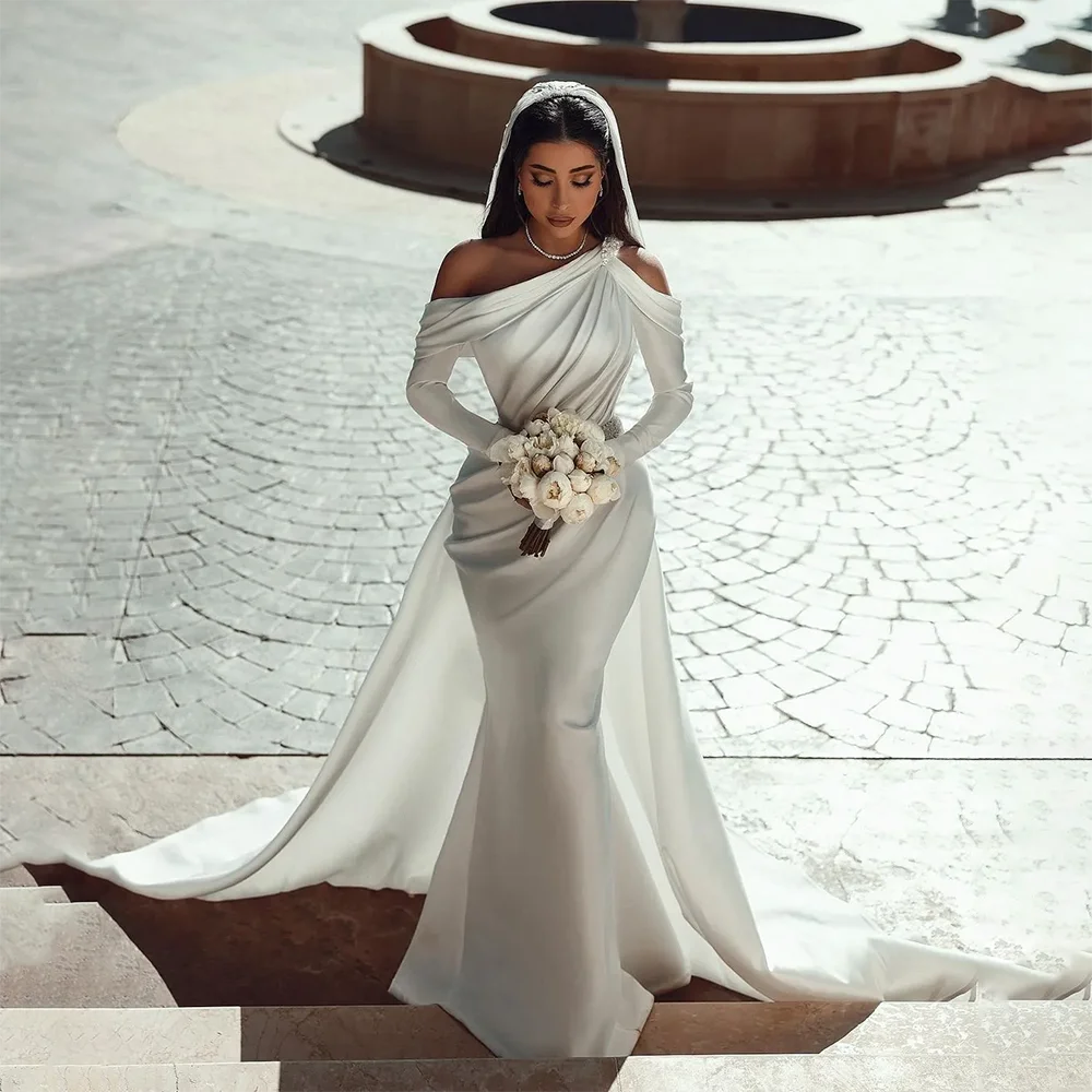 

One Shoulder Plus Size Mermaid Wedding Dresses for Bride Long Sleeves Satin Sequined Beaded Sweep Train Sashes Bridal Gowns