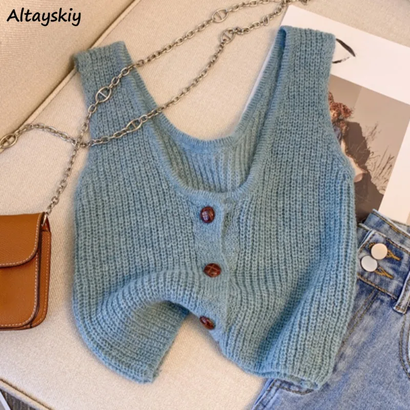 Knitted Vest for Women Slim Simple Design Spring Autumn Outwear Casual Soft Korean Style High Street Solid Button Chic Ins Tops