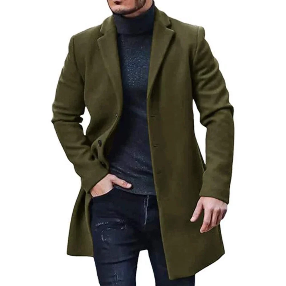 Winter New Men Woolen Coat Casual Fashion Lapel Single Breasted Youth Style Coat Mens Mid-length Slim Long Sleeve Woolen Jacket