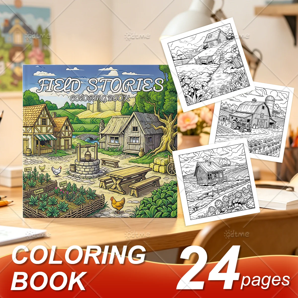 Field Stories Coloring Book for Adults,Rustic Medieval Village Farm Cottage Garden Illustrations, Stress Relief Art Drawing Book