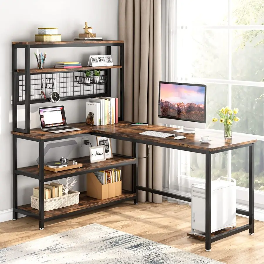 

55 LShape Computer Desk with Hutch and Wireless Charging, Office Desk Study Table Writing Desk Workstation with 5 Shelves and M