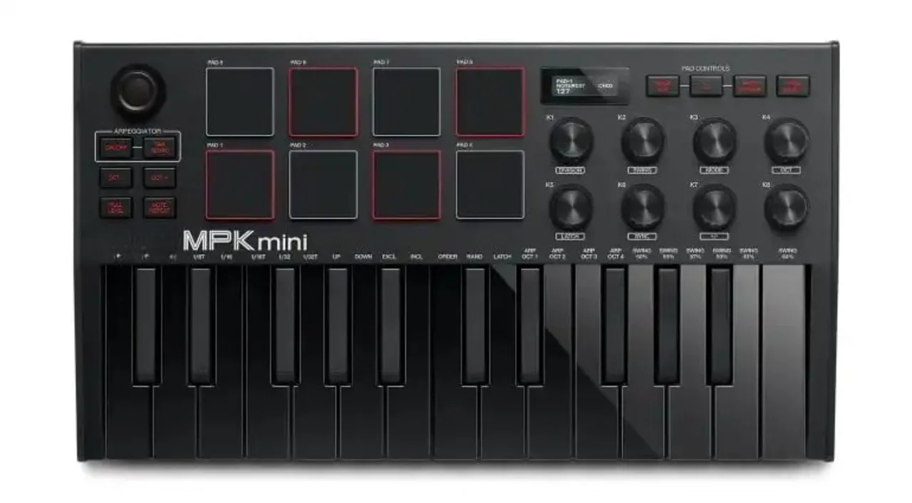 Controlador de teclado MIDI USB profesional MPK Mini MK3-25 teclas con 8 almohadillas de batería retroiluminadas y 8 perillas (gris)