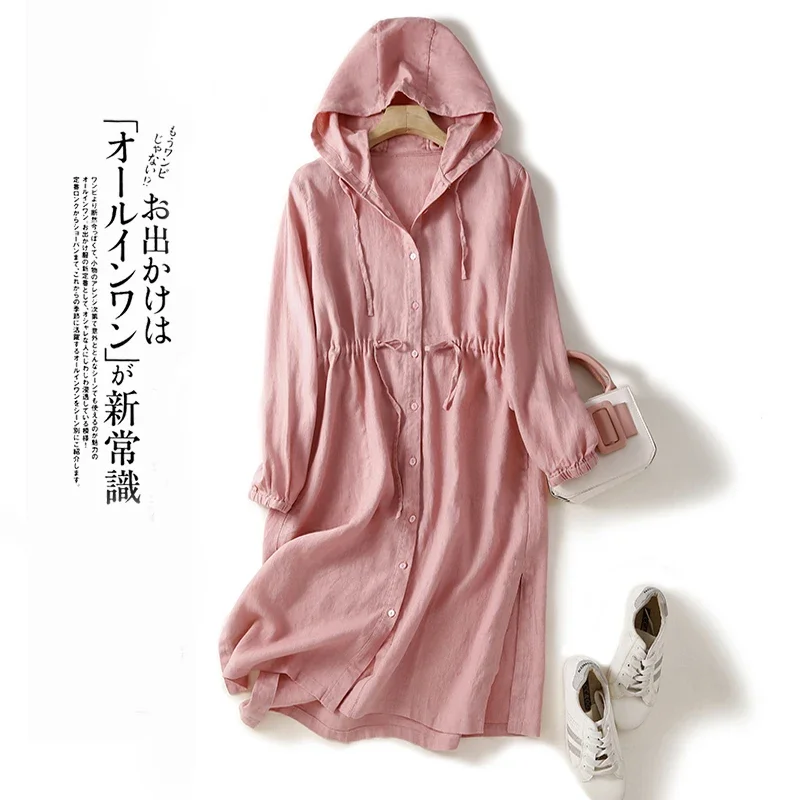 

Pure Color Linen Hooded Dress Female 2024 Spring And Summer New Knee-Length Sleeves Japanese Literary Loose Cardigan Casual Z225