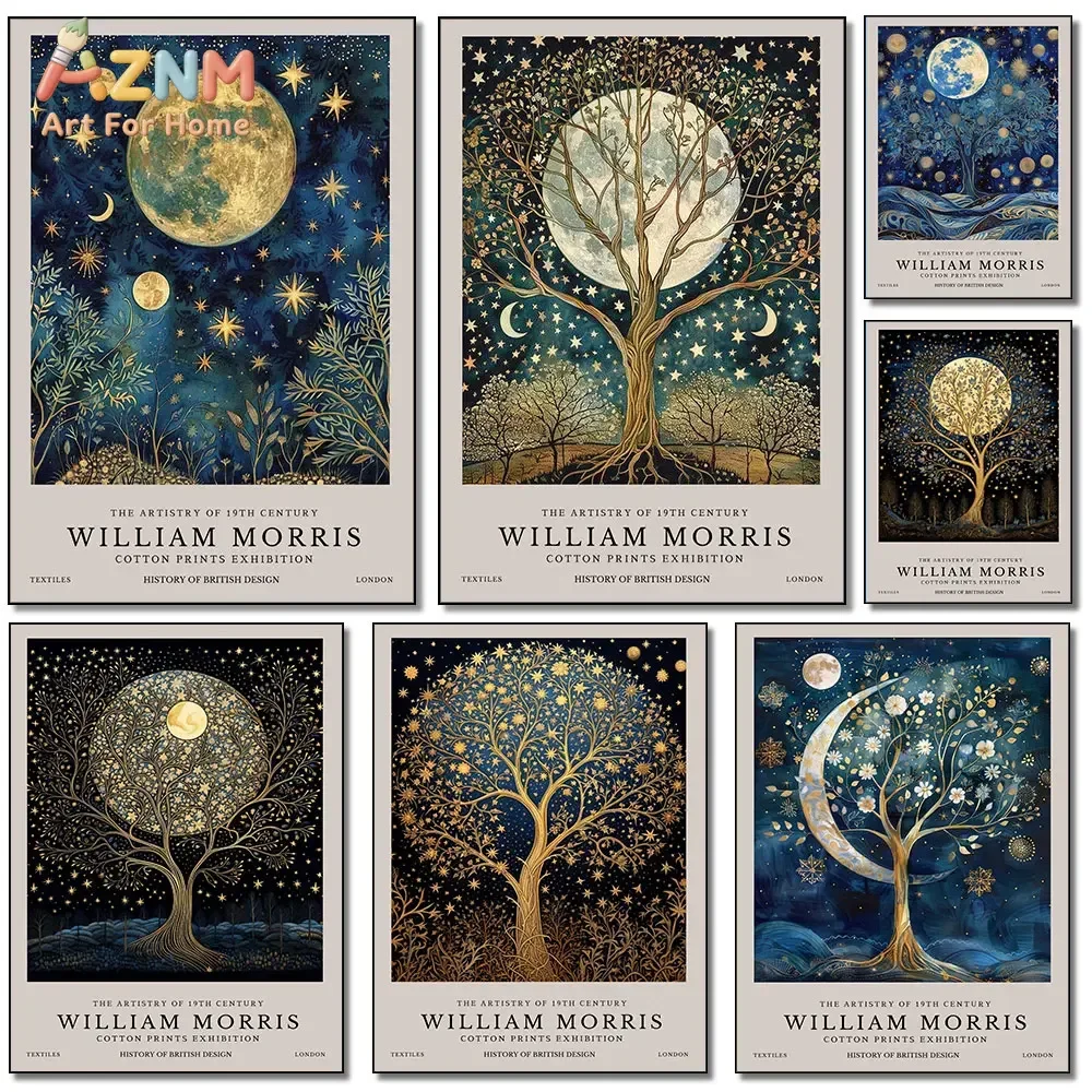 AZNM William Morris Celestial Tree Canvas Print, Frameless Vintage Moon Star Night Sky Wall Poster, Retro Mystical Artwork for L