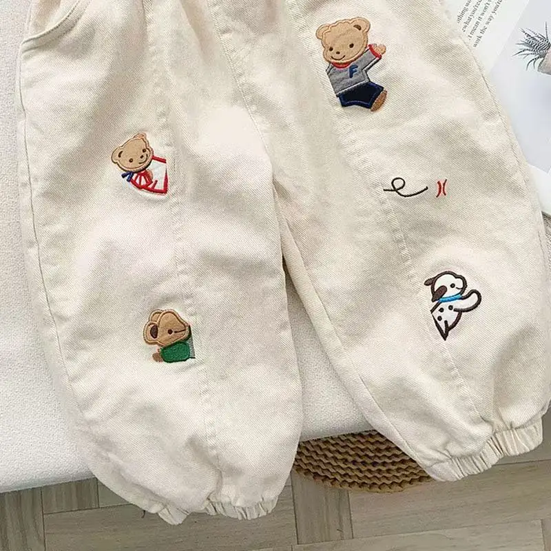 

2025 autumn new baby boy girls cute cartoon pants kids embroidery bear casual trousers childrens woven pants 1-6 Years clothes