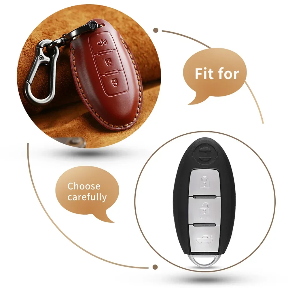 KEYYOU Genuine Leather Car Key Case Cover For Nissan Tidda Livida X-Trail T31 T32 Qashqai March Juke Note GTR Keychain Ring