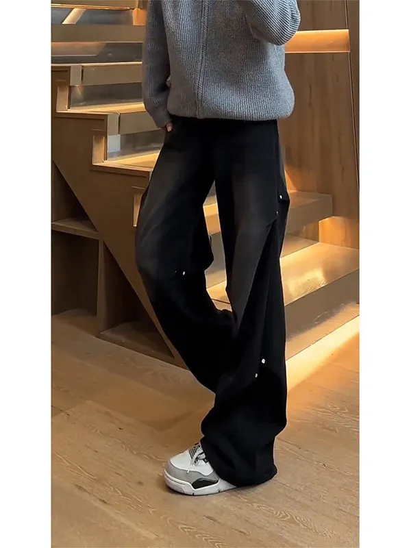 Bla Waed Folded Knife Jeans Men's Autumn Winter American High Street Wide Leg Pants Cleanfit Flared Pants Casual Wear