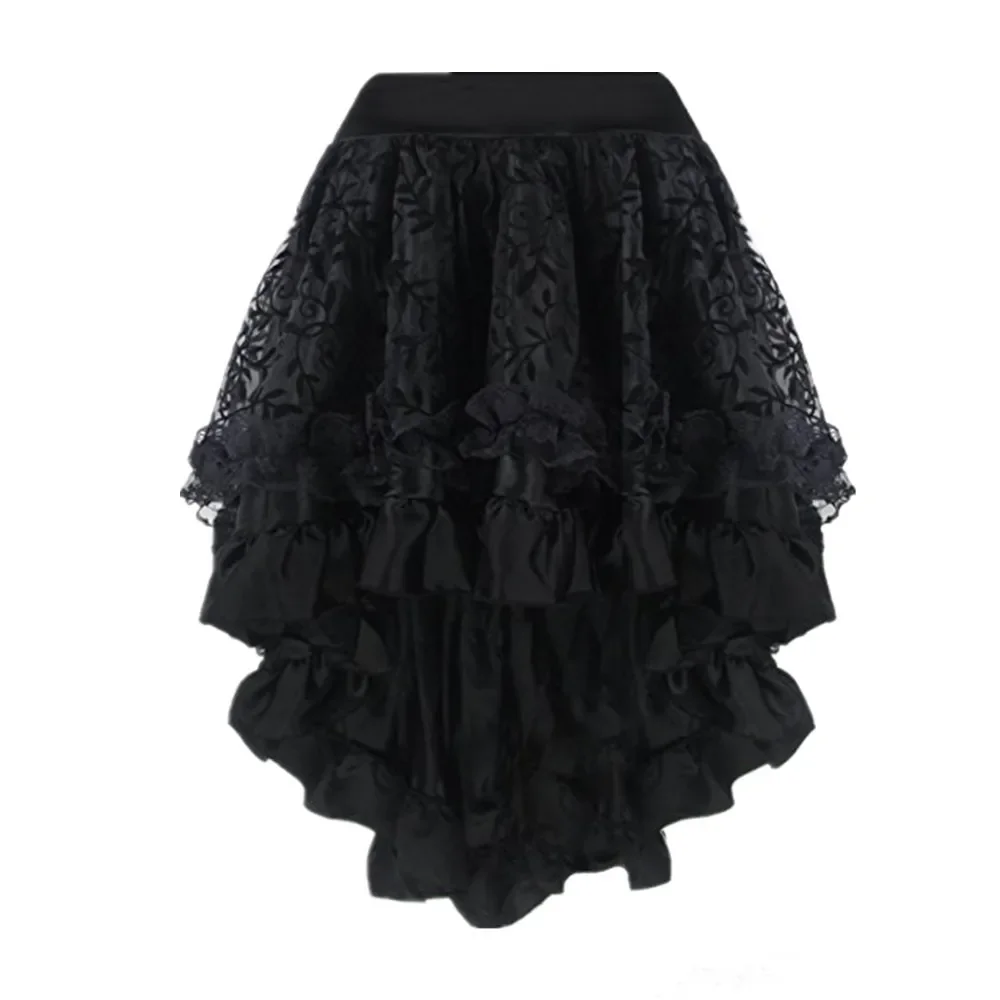 Women Sexy Gothic Embroidered Floral Lace Tulle Ruffled Skirt Back Zipper Irregular Match Corsets Skirt Black Brown Green