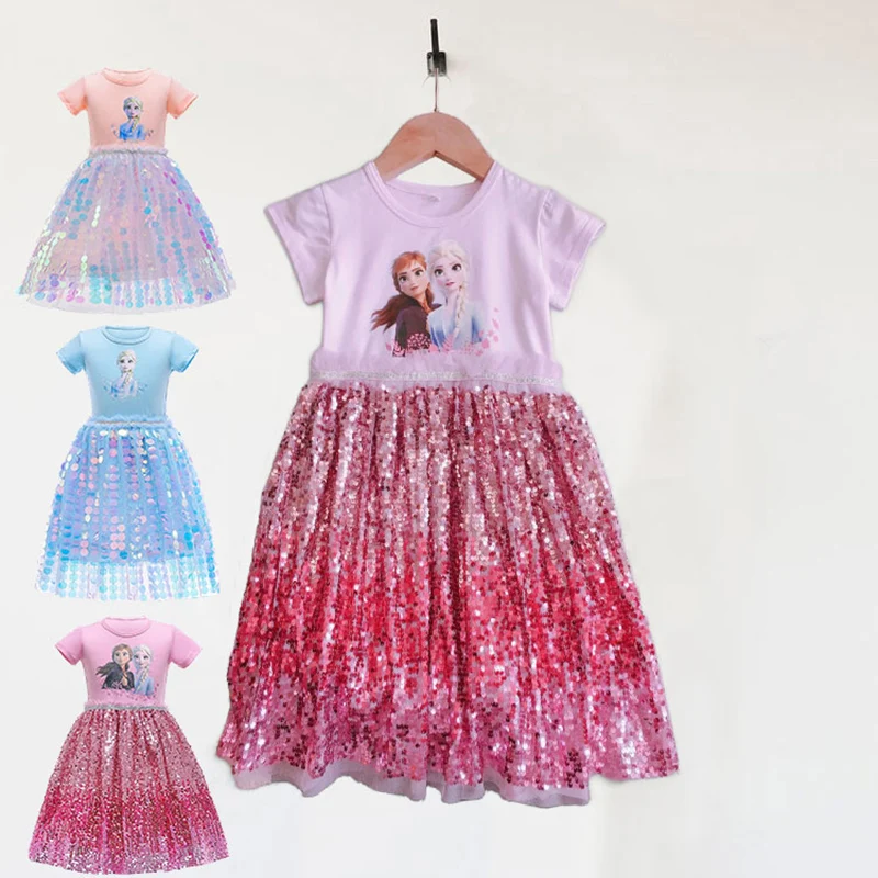 

2024 Summer Dress DISNEY Frozen Cartoon Print Casual Clothes Sequined Skirt Princess Elsa Anna Frock Toddler Cute A Line Vestido