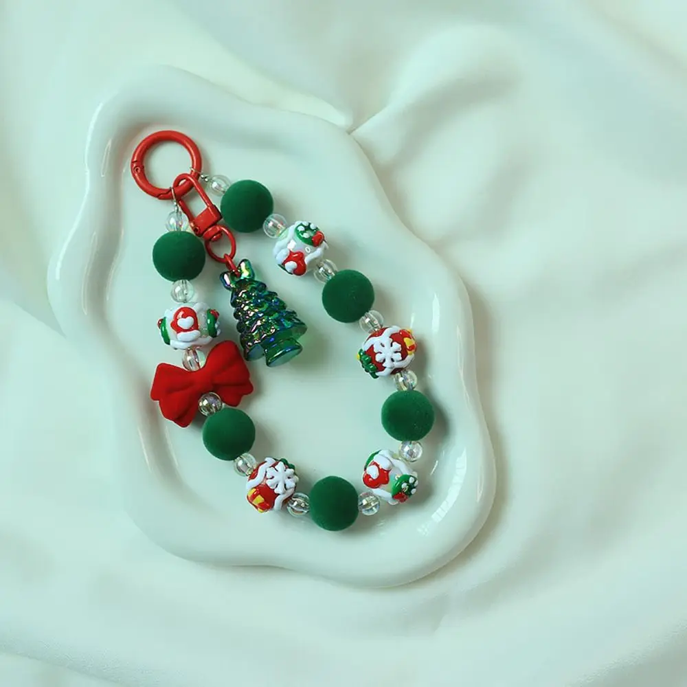 Santa Claus Plush Beads Keychain Flocked Bowknot Christmas Tree Plush Beads Keyring Bracelet Lovely Beaded Cell Phone Lanyard