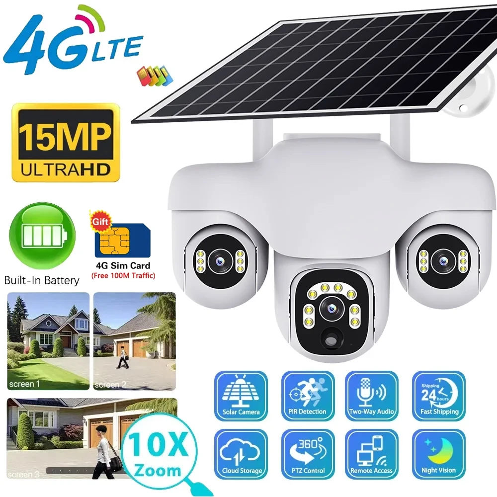 

Solar Camera 4G Outdoor 15MP HD 3 Lens PTZ 3 Screen PIR Human Detect Cameras Night Vision Waterproof CCTV Security Protection