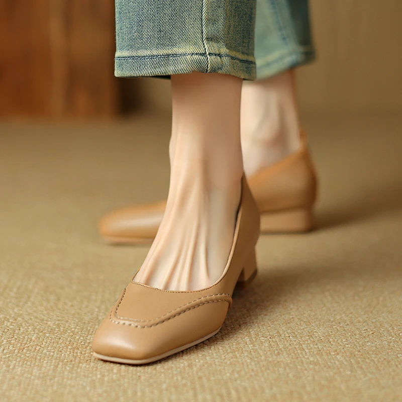 Women Basic Shoes Beige Khaki Work Pumps Square Toe Simple Shoes Cozy Loafers On Thick Heel Slip on Dress Shoes