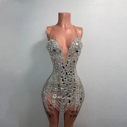 Silver Mini Diamond Short Prom Dresses Black Girls Sexy Birthday Party Dresses African Cocktail Dresses Homecoming Customized