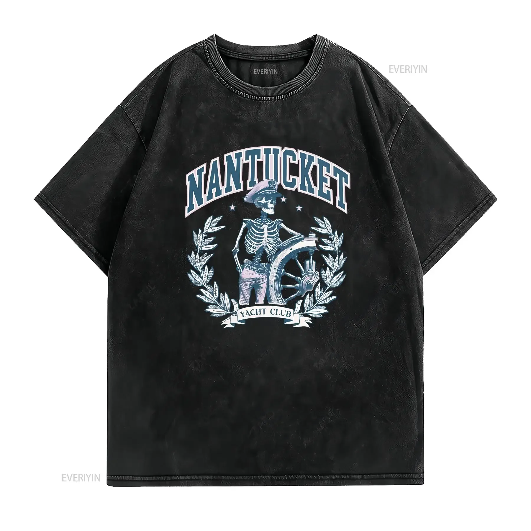 Nantucket Massachusetts Skeleton Yacht Club Womens or Mens Crewneck T Shirt vintage Washed Stylish Breathable Casual fashion