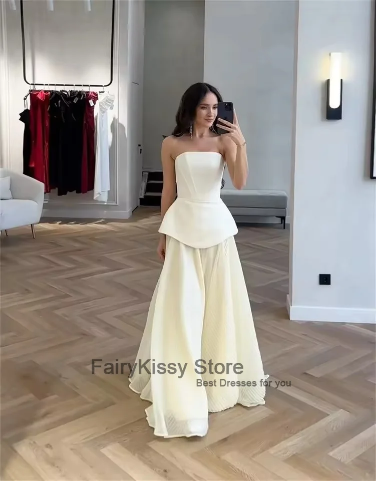 FairyKissy Eleganckie białe suknie balowe bez ramiączek Bez rękawów Linia A Vestidos de noiva Sznurowane suknie wieczorowe do podłogi