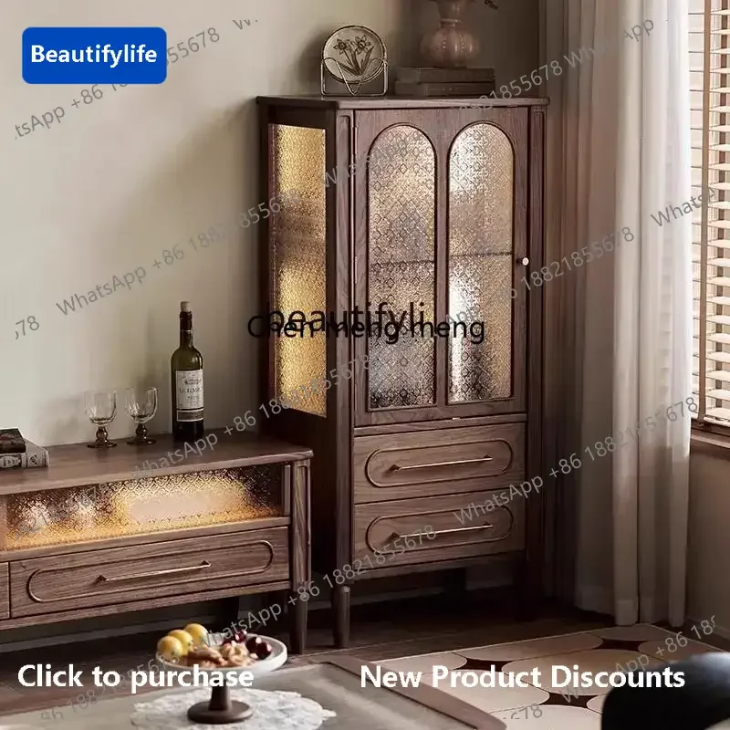 

183F North American black walnut antique living room side cabinet French retro all solid wood wine cabinet storage display cabin