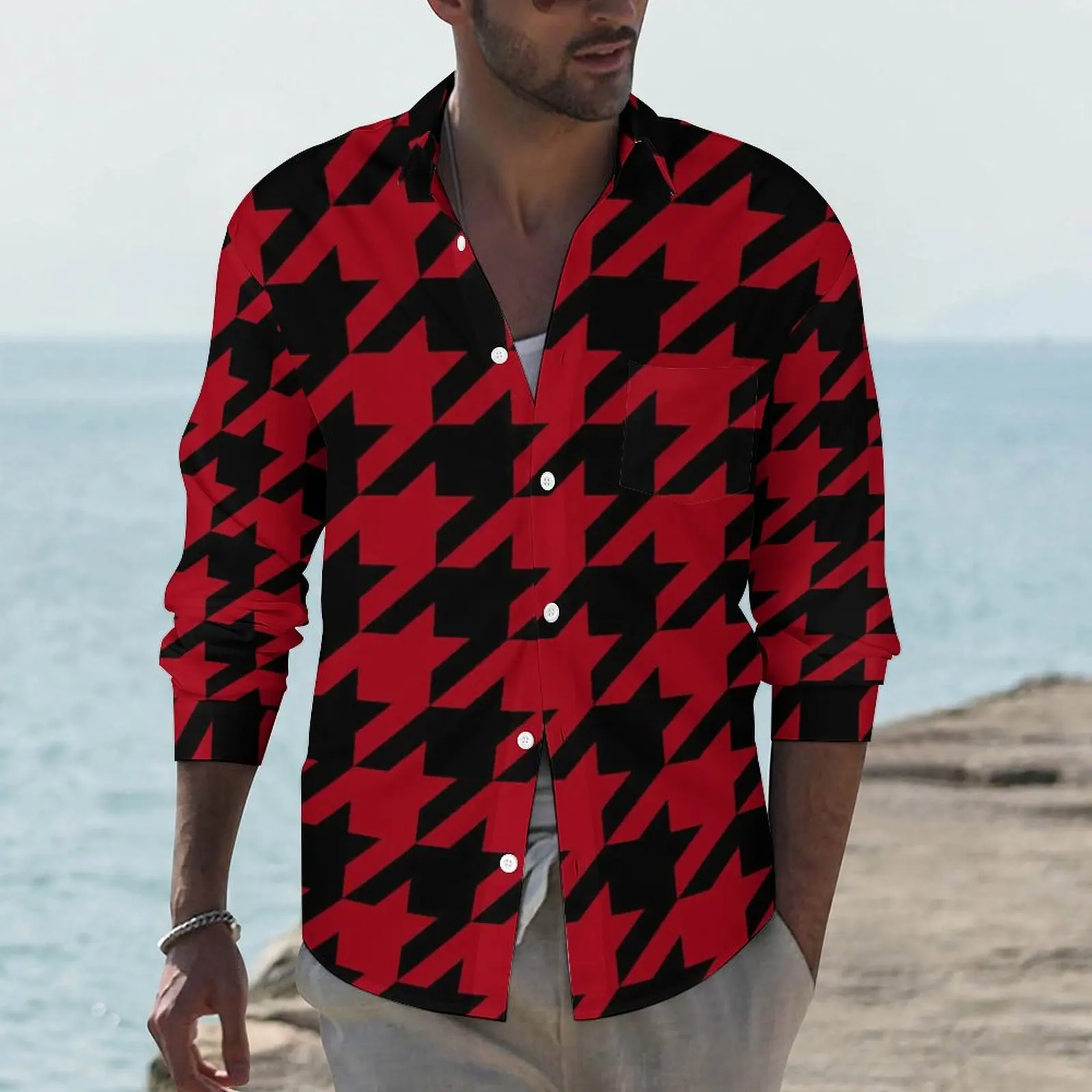 

Houndstooth Casual Shirts Men Red And Black Shirt Long Sleeve Vintage Streetwear Blouses Spring Pattern Clothing Large Size