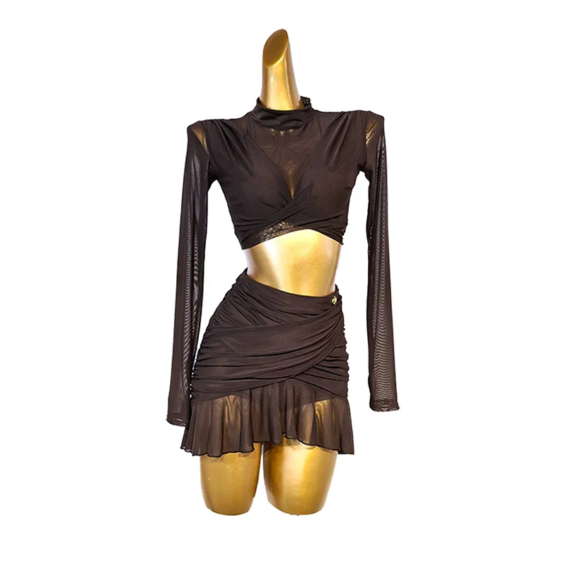 Brown Latin Dance Suit For Women Long Sleeve Mesh Top Ruffled Skirt Adult Performance Stage Costume Rumba Practice Set VDL6206