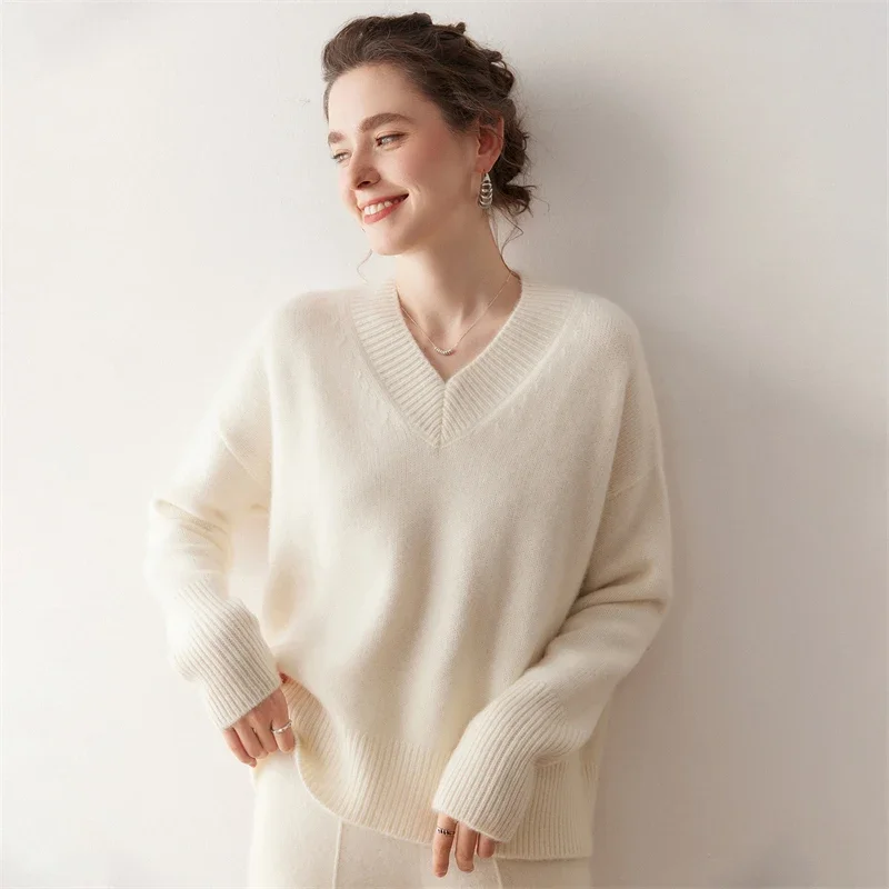 Luxury Autumn Winter Sweater 100% Cashmere Women's Sweater Pullover V-Neck Long Sleeve Clothes Soft Warm Knitted Classic Korean