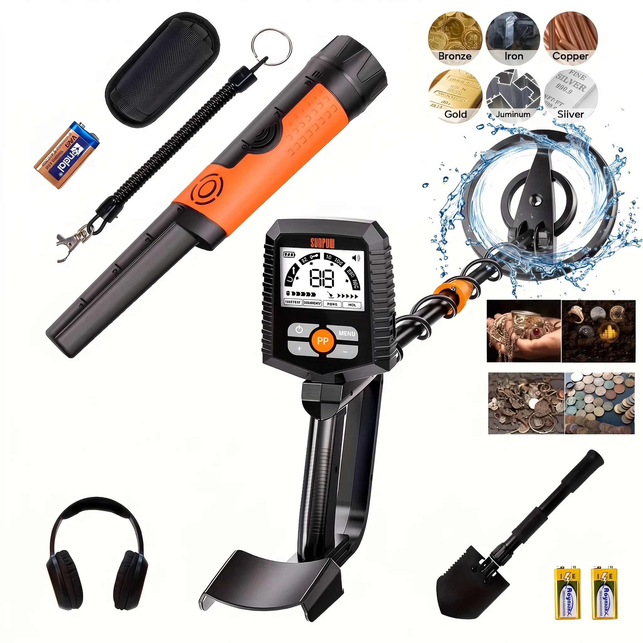 SUNPOW Metalldetektor-Set mit Pinpointer, 8" (20 cm) IP68 wasserdichte Spule, hohe Genauigkeit, leichtes LCD-Display, Einstiegsmodell für Erwachsene und Kinder, CE-zertifiziert für Schatzsuche
