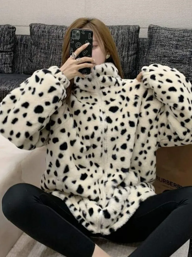 Faux Fur Leopard Pattern Fur Coat For Women Loose Thickened Padded Coat Chic Winter Faux Rabbit Fur Warm Trendy Coat Top