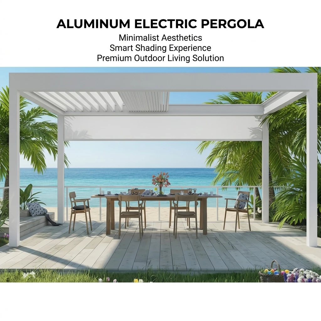 Commercial Outdoor Electric Aluminum Patio Pergola, Modern Waterproof Louver Roof Sun Shelter for Business Public Areas