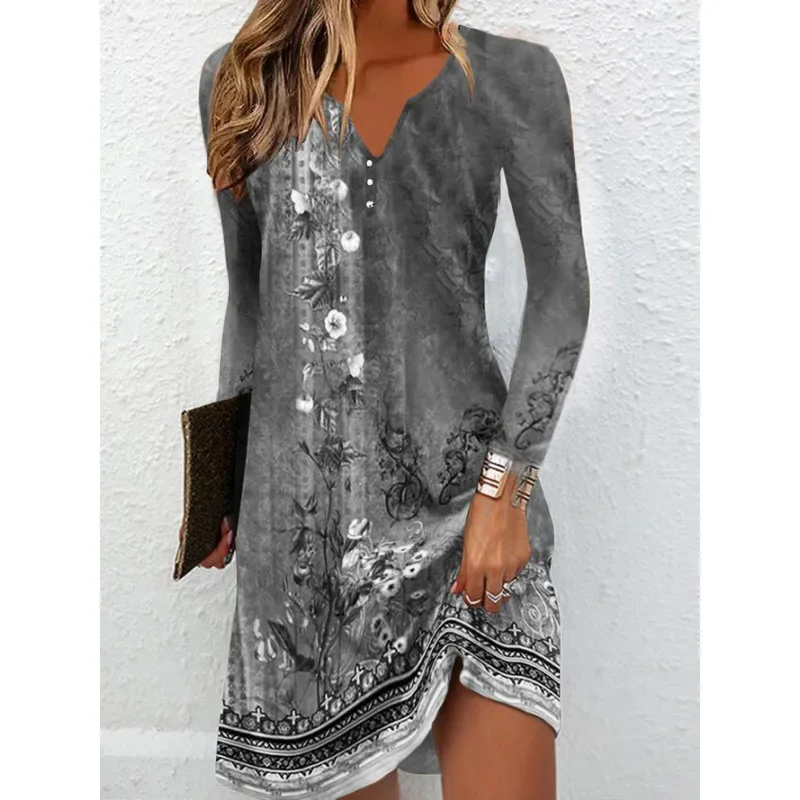 Bohemian Vintage Dress Women Contrasting Colors Multi-element Retro Generous Long Sleeve Dyeing Buttons V Neck Chic Short Robes