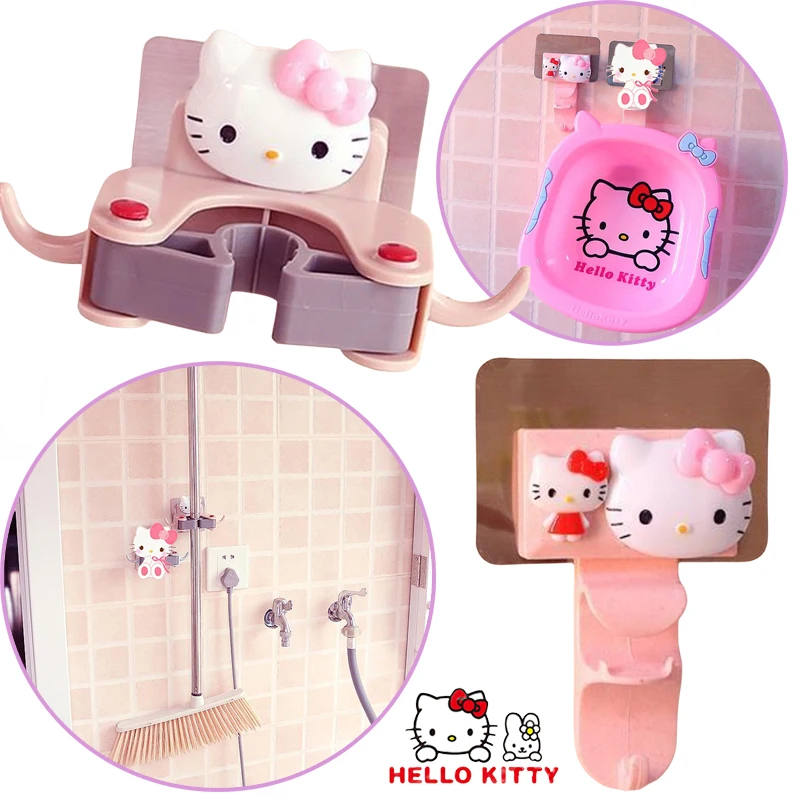 Sanrio Hello Kitty Mop Clip Non-marking Bathroom Hooks Wall-mounted Multifunctional Broom Hanging Rack Hook Storage Organizer