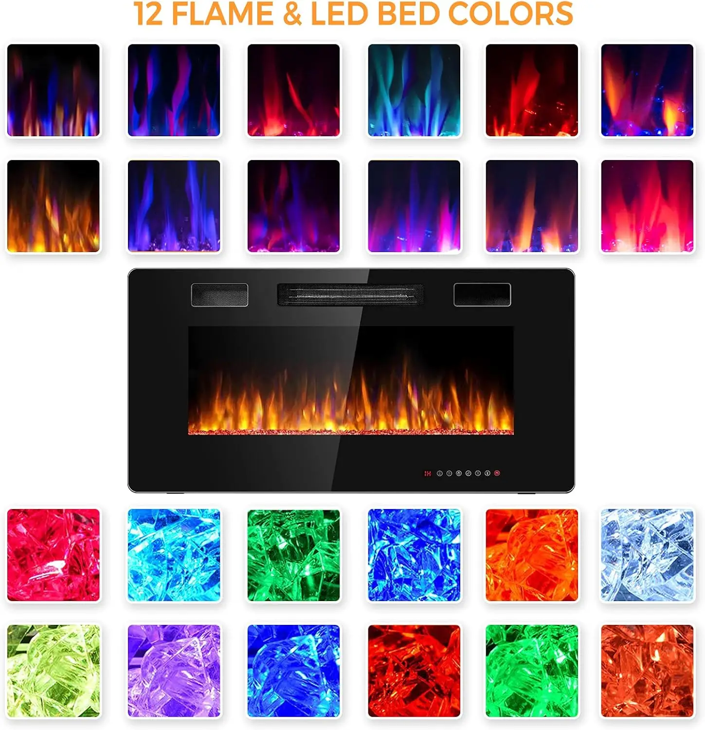 36-Inch Electric Fireplace 750W/1500W Wall Recessed and Mounted Fireplace Insert with Remote Control 12 Flame Colors