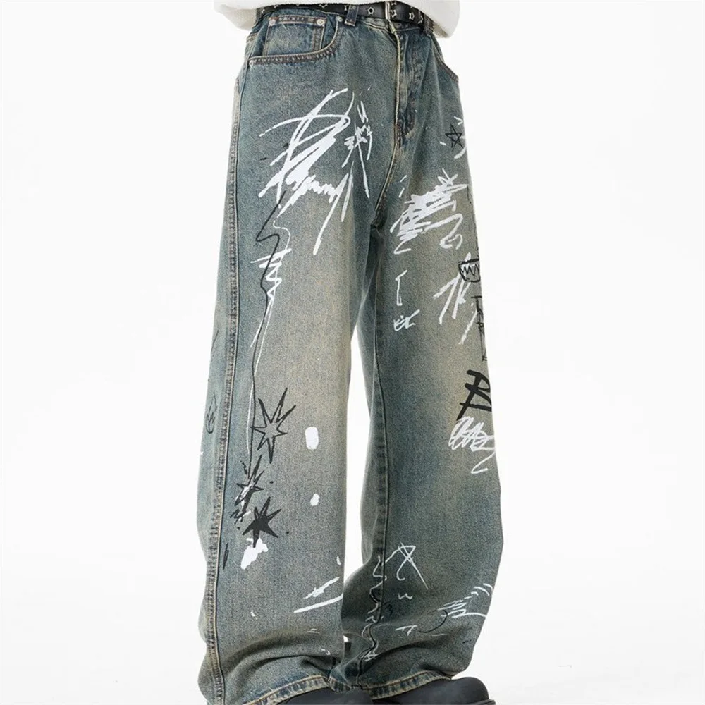 MWJLPWQ Punk-Style Distressed Letter Graffiti Jeans For Men High Street Trendy Unique Personalized Wide-Leg Straight Pants 20276