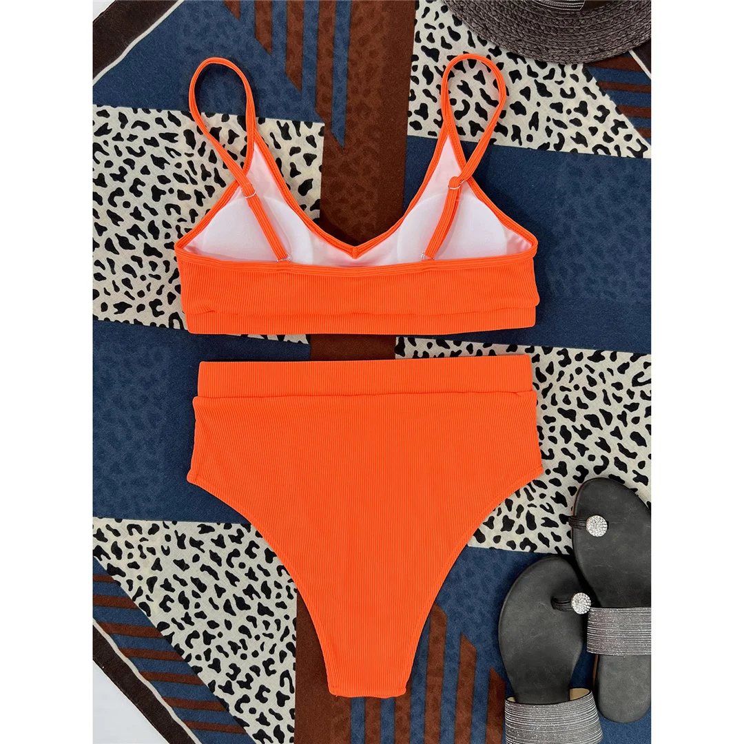 Neuer, gerippter, gepolsterter Bikini mit hoher Taille in 4 Farben, Damen-Badeanzug, zweiteiliges Bikini-Set, Badebekleidung, Badeanzug, Modell V3768. – Detail 27