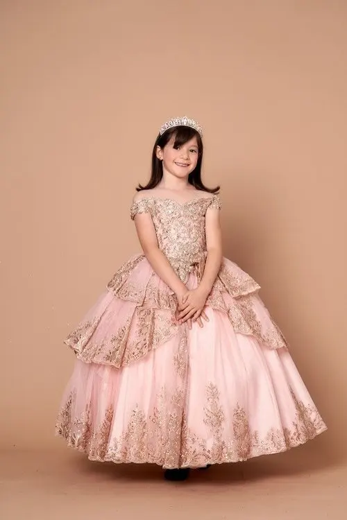 Roze Mini Quinceanera Jurken Baljurk Van De Schouder Tule Appliqueert Bloemenmeisjesjurken Voor Bruiloften Optochtjurken Baby