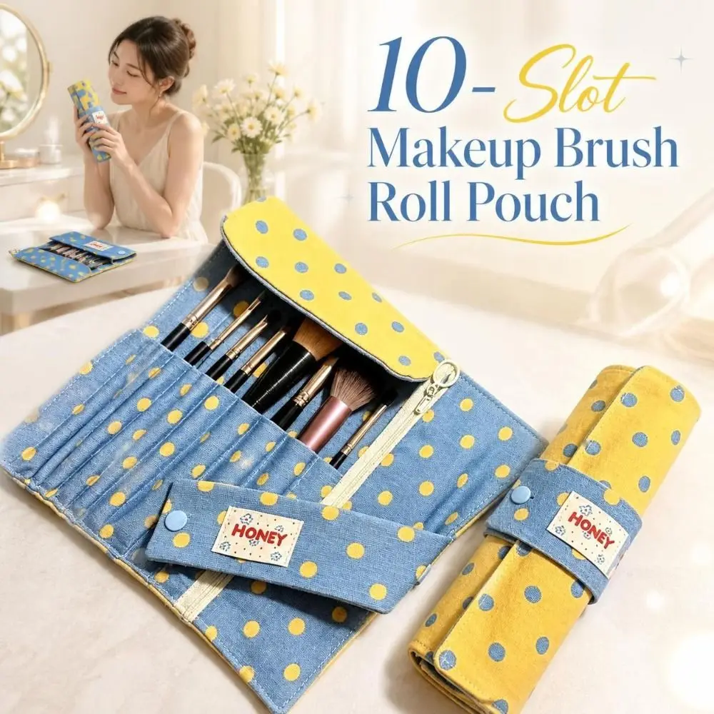 Polka-Dot Makeup Brush Roll Pouch 10-Slot Foldable Cosmetic Brush Organizer Lightweight Roll-Up Makeup Brush Bag Travel Storage