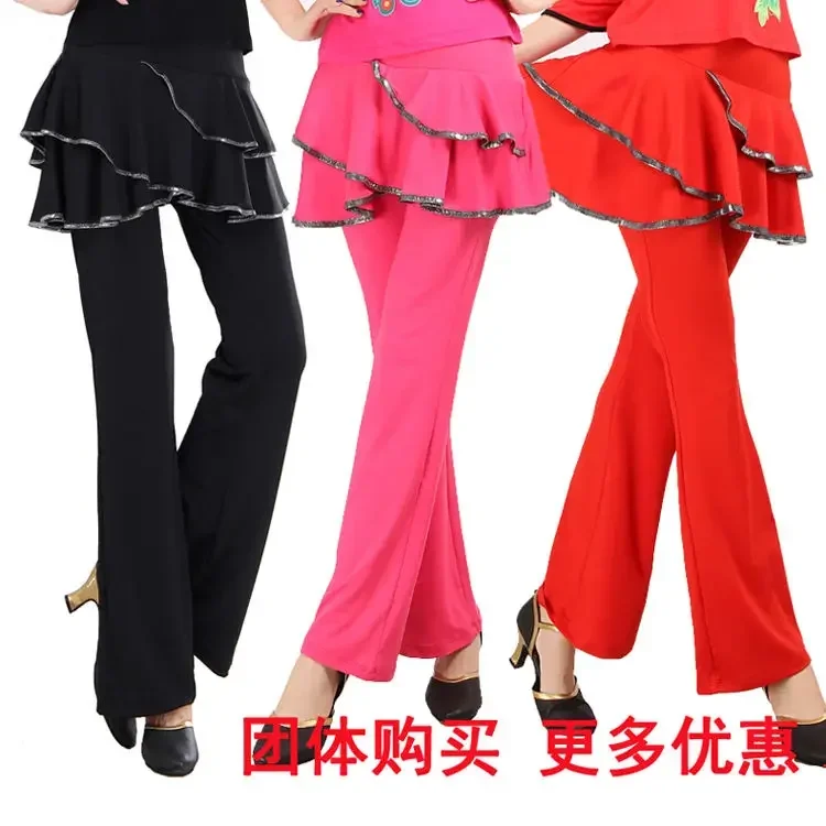 2024 Women Fake Two Piece Dancing Skirt Pants Square Dance Pants Silk Latin Dance Practice Pants Women  Divided Skirt Z396