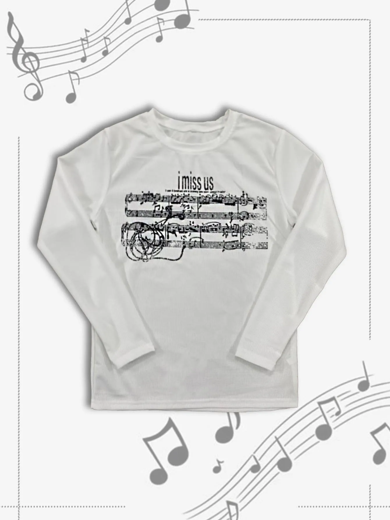 Women Waffle Knit Long‑Sleeve T‑Shirt Vintage Music Sheet Letter Print Crew Neck Slim Base Top