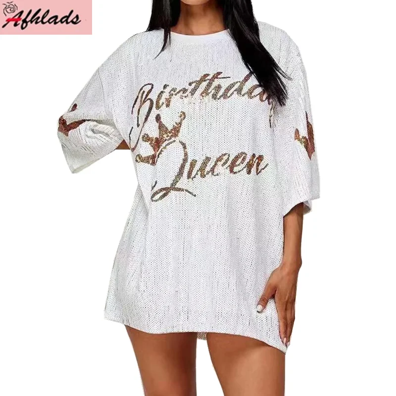 

Streetwear Hip Hop Women's Clothing T-Shirt New Loose Short Sleeved Personality Round Neck Night Club Letter Sequined Tops