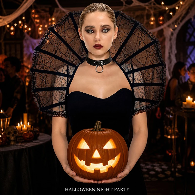 Women's Gothic Lace Cape Collar Halloween Cosplay Accessorie Vampire Witch Carnival Party Masquerade Dress Up Costumes Props