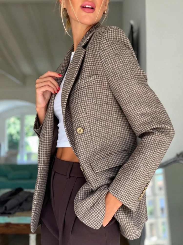Women Plaid Blazer Double Breasted Lapel Long Sleeve Suit Jacket Vintage Check Blazer Gold Buttons Loose Fit Office Casual