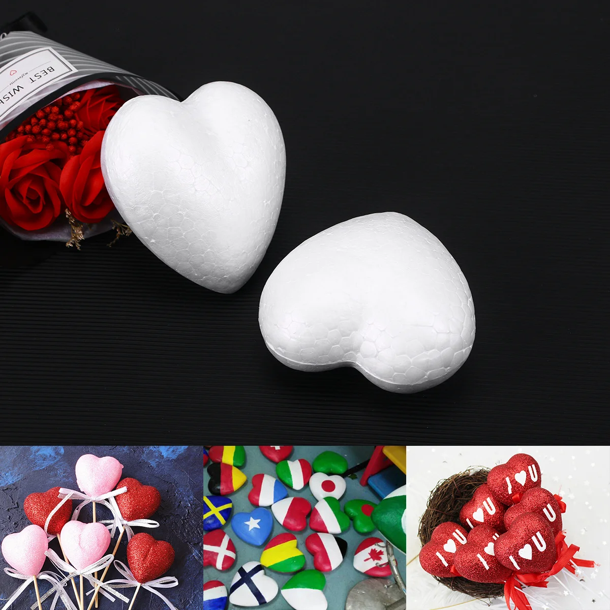

5Pcs White Polystyrene Heart Balls DIY Craft Ornaments Wedding Valentines Day Christmas Decoration School Projects