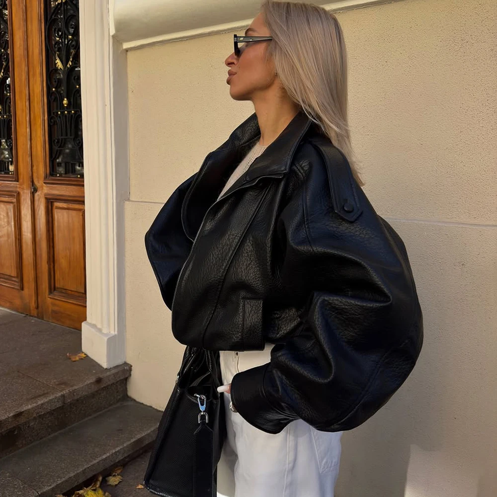 Talenza décontracté Chic noir en cuir vestes femmes à manches longues boutons élastique surdimensionné manteaux mode 2025 automne Streetwear manteaux