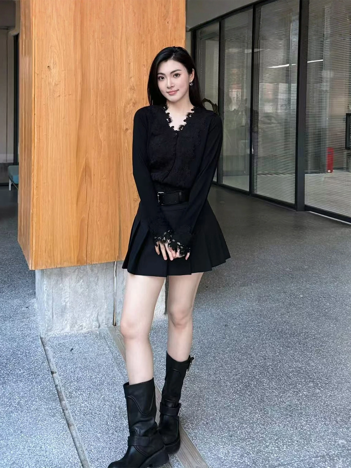 

High Waist Wool Blend Skirt with Inner And Belt Decoration American Sle Women's Faion Polyester Fiber Skirt
