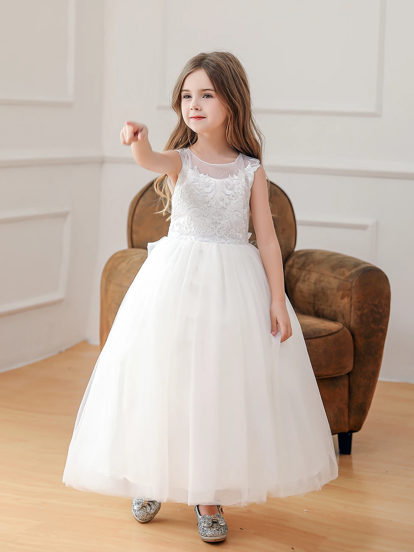 Wholesale Pageant Beautiful Lace Floral Casual Backless Cute Girls Teenage Tulle Fancy Flower Girl Dress Wedding Fashion