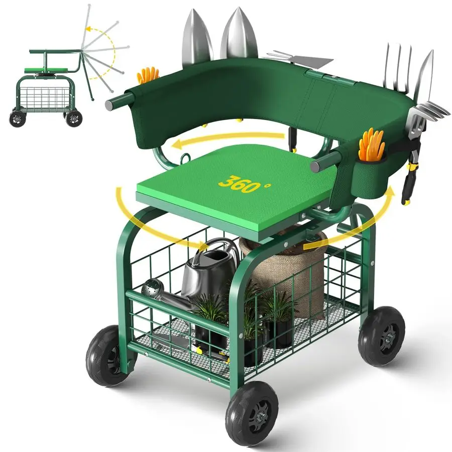 

Garden Seat with Wheels, Rolling Gardening Stool with 360 Swivel Seat amp Backrest,Tool Storage Basket amp Back Tool Pouch, Adju