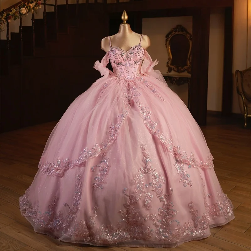 

Shiny Pink Quinceanera Dress off-shoulder Lace crystal glitter flower decal Bow vestidos de 15 Quinceanera ﻿Customize